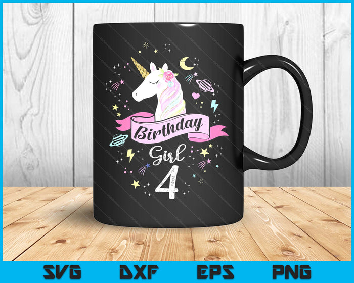 Kids 4 Year Old Girl Birthday Unicorn 4th Birthday SVG PNG Digital Printable Files