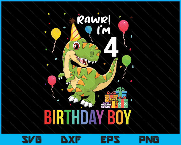Kids 4 Year Old Shirt 4th Birthday Boy T Rex Dinosaur SVG PNG Cutting Printable Files