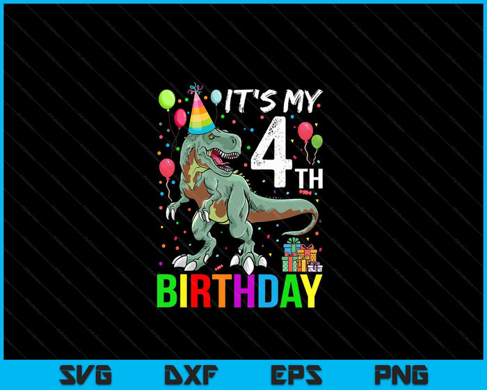 Kids 4 Year Old 4th Birthday Boy T Rex Dinosaur SVG PNG Digital Cutting Files