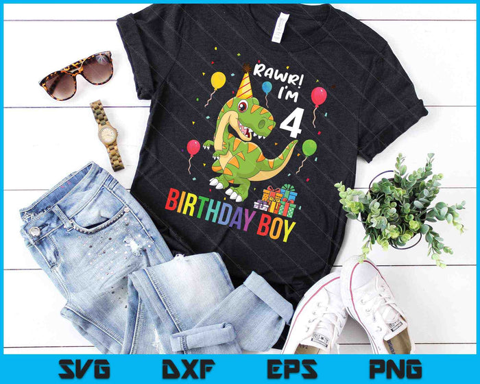 Kinderen 4-jarige shirt 4e verjaardag jongen T Rex dinosaurus SVG PNG snijden afdrukbare bestanden