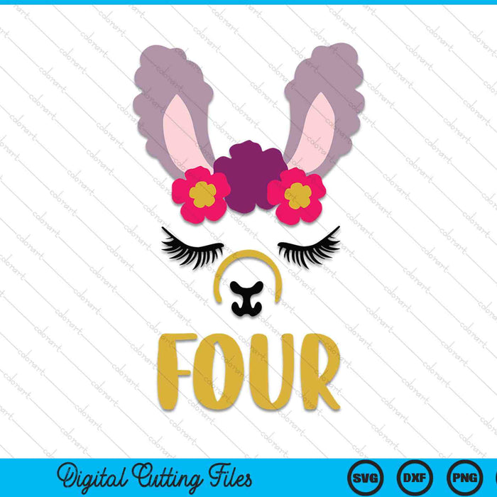 Kids 4 Years Old Four Funny Llama SVG PNG Digital Cutting Files