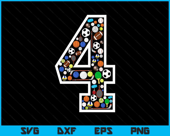 Kids 4th Birthday Sports Big Number Three 4 Year Old Boy SVG PNG Digital Printable Files