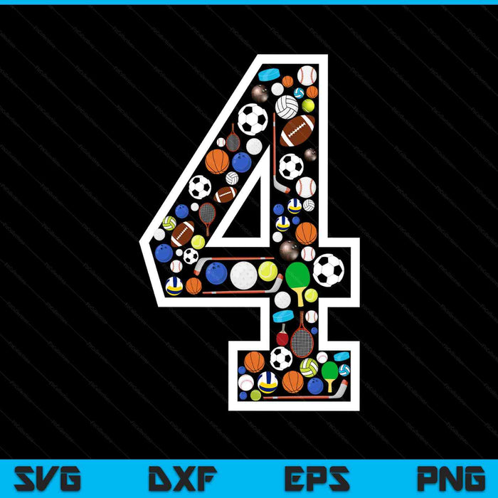 Kids 4th birthday sports big number three 4 year old boy SVG cut file