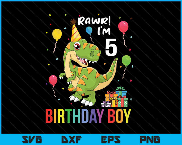 Kids 5 Year Old Shirt 5th Birthday Boy T Rex Dinosaur SVG PNG Cutting Printable Files