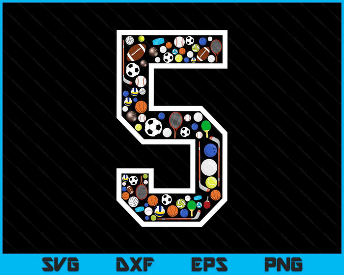 Kids 5th Birthday Sports Big Number Three 5 Year Old Boy SVG PNG Digital Printable Files