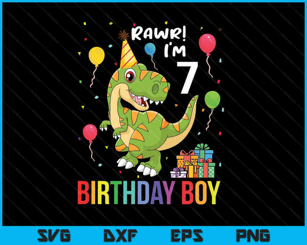 Kinderen 7-jarige shirt 7e verjaardag jongen T Rex dinosaurus SVG PNG snijden afdrukbare bestanden