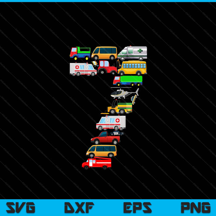 Kids 7th birthday for boys cars vehicles fire truck airplane SVG cut file