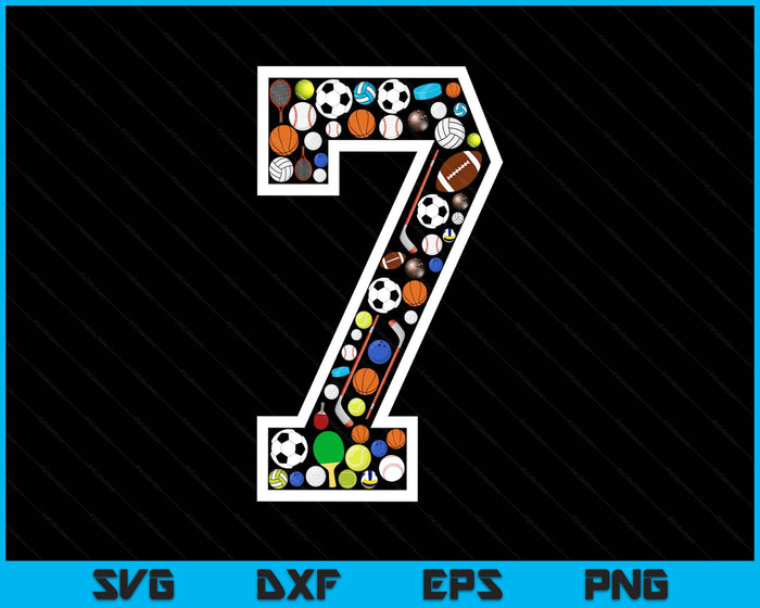 Kids 7th Birthday Sports Big Number Three 7 Year Old Boy SVG PNG Digital Printable Files