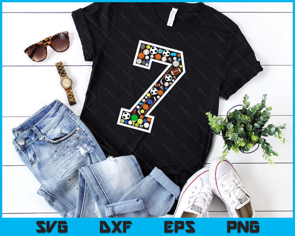 Kids 7th Birthday Sports Big Number Three 7 Year Old Boy SVG PNG Digital Printable Files