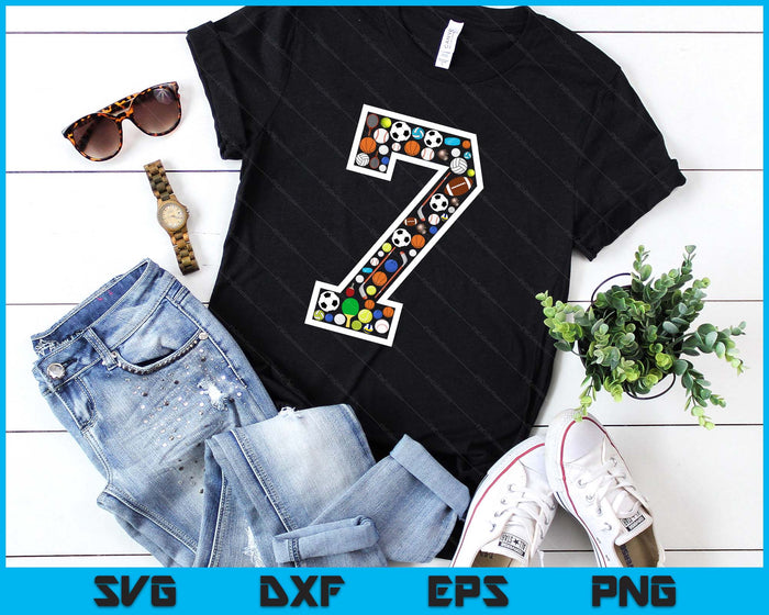 Kids 7th Birthday Sports Big Number Three 7 Year Old Boy SVG PNG Digital Printable Files