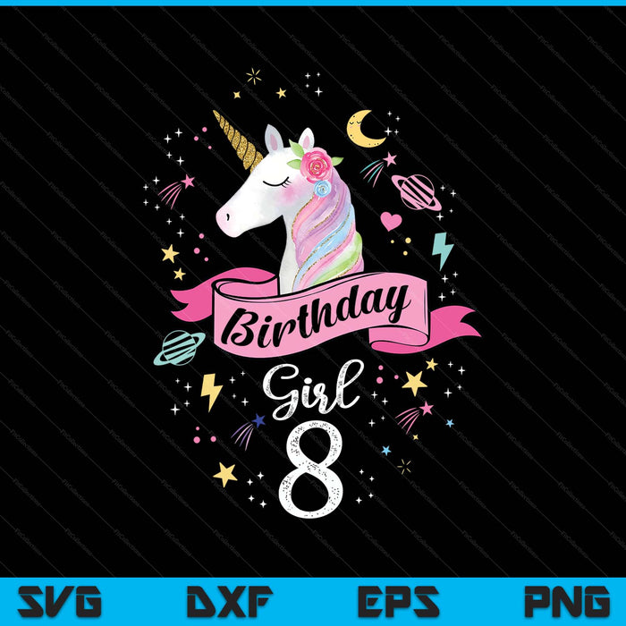 Kids 8 year old girl birthday unicorn 8th SVG cut file
