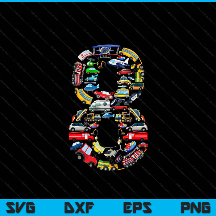 Kids 8th birthday for boys cars vehicles fire truck airplane SVG cut file