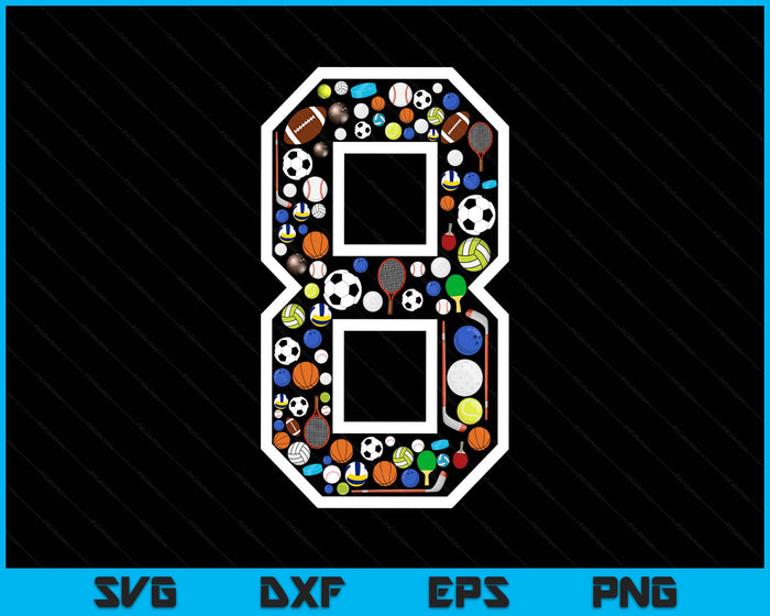 Kids 8th Birthday Sports Big Number Three 8 Year Old Boy SVG PNG Digital Printable Files