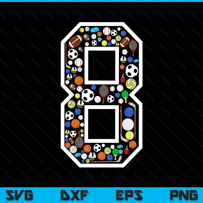 Kids 8th birthday sports big number three 8 year old boy SVG cut file