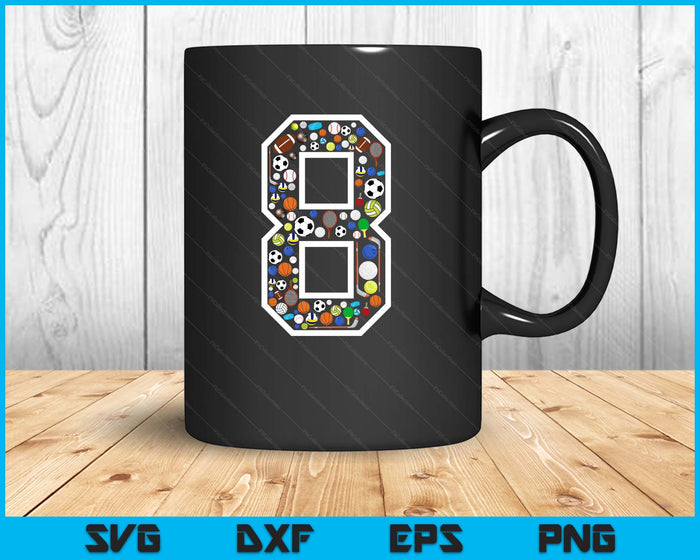 Kids 8th Birthday Sports Big Number Three 8 Year Old Boy SVG PNG Digital Printable Files