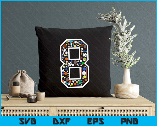 Kids 8th Birthday Sports Big Number Three 8 Year Old Boy SVG PNG Digital Printable Files