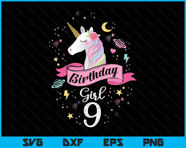 Kids 9 Year Old Girl Birthday Unicorn 9th Birthday SVG PNG Digital Printable Files