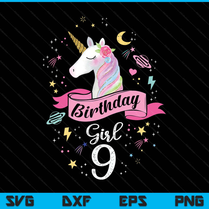 Kids 9 year old girl birthday unicorn 9th SVG cut file
