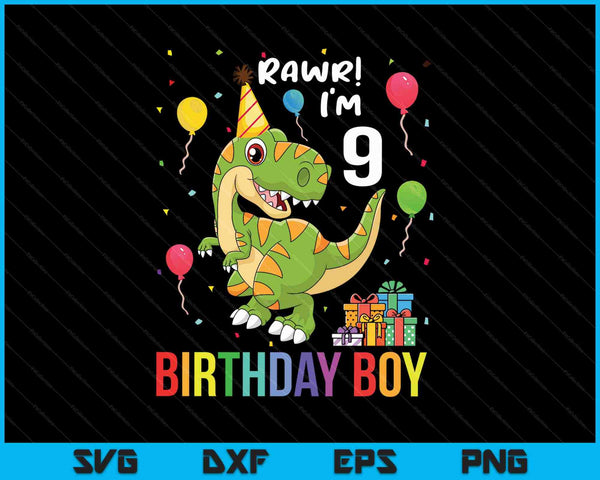 Kids 9 Year Old Shirt 9th Birthday Boy T Rex Dinosaur SVG PNG Cutting Printable Files
