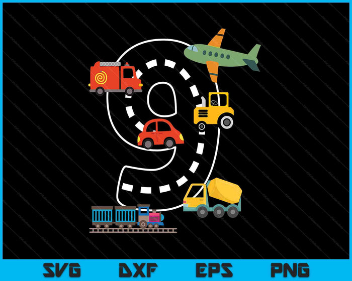 Kids 9 Year Old Transportation Birthday Car Train Plane 9th SVG PNG Digital Printable Files