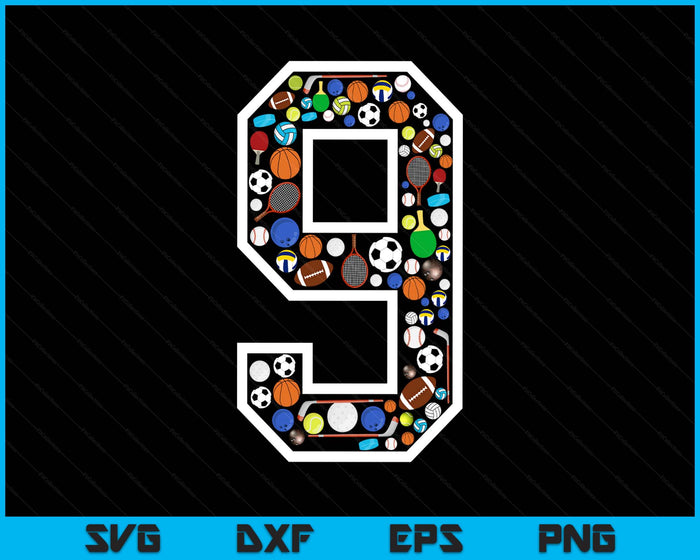 Kids 9th Birthday Sports Big Number Three 9 Year Old Boy SVG PNG Digital Printable Files