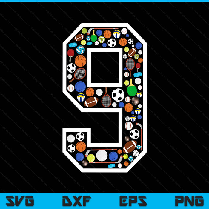 Kids 9th birthday sports big number three 9 year old boy SVG cut file