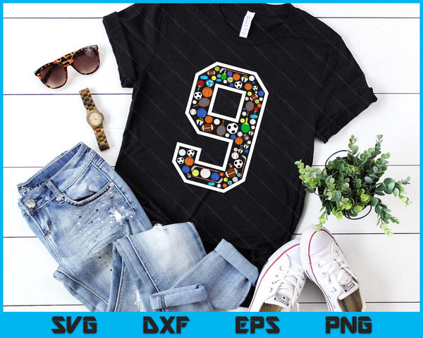 Kids 9th Birthday Sports Big Number Three 9 Year Old Boy SVG PNG Digital Printable Files