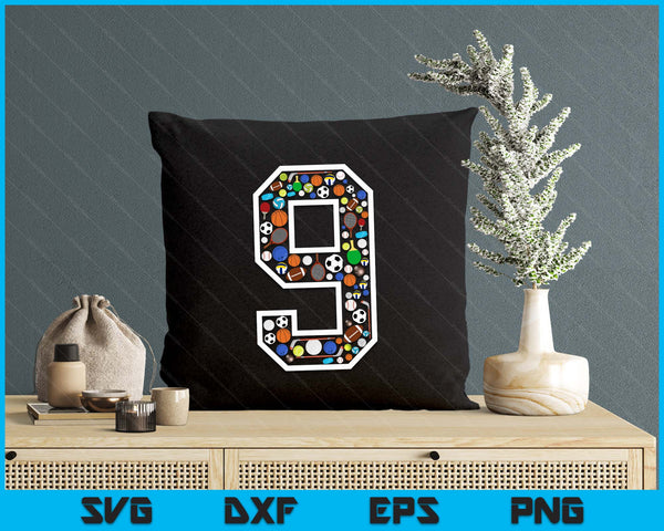 Kids 9th Birthday Sports Big Number Three 9 Year Old Boy SVG PNG Digital Printable Files