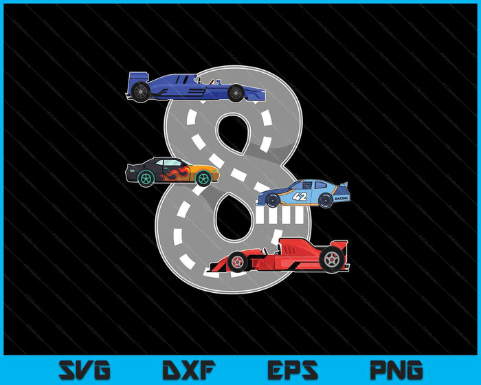 Kids Birthday Party Boy 8 Eight Race Car 8th Driver Racing Car SVG PNG Digital Printable Files