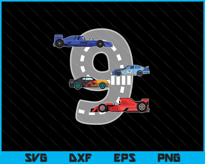 Kids Birthday Party Boy 9 Nine Race Car 9th Driver Racing Car SVG PNG Digital Printable Files