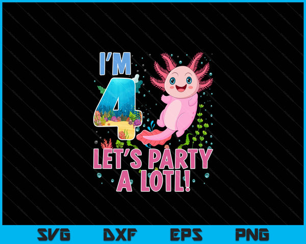 Kids Cute Axolotl Motif 4 year old Axolotl Lover 4th Birthday SVG PNG Digital Printable Files