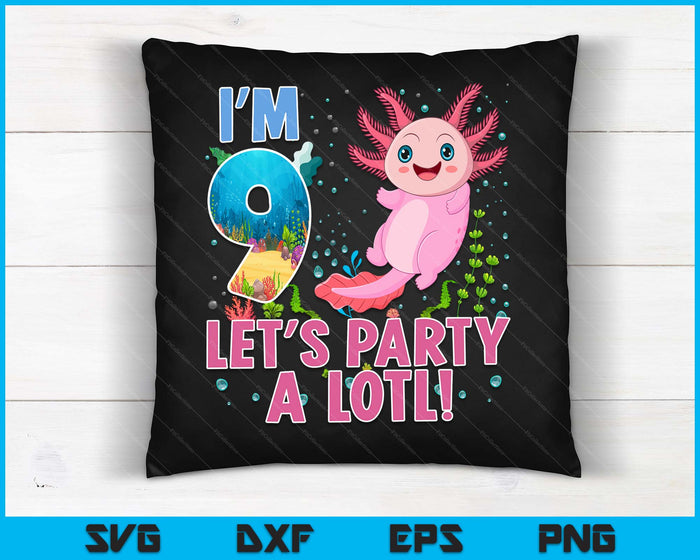 Kids Cute Axolotl Motif 9 year old Axolotl Lover 9th Birthday SVG PNG Digital Printable Files