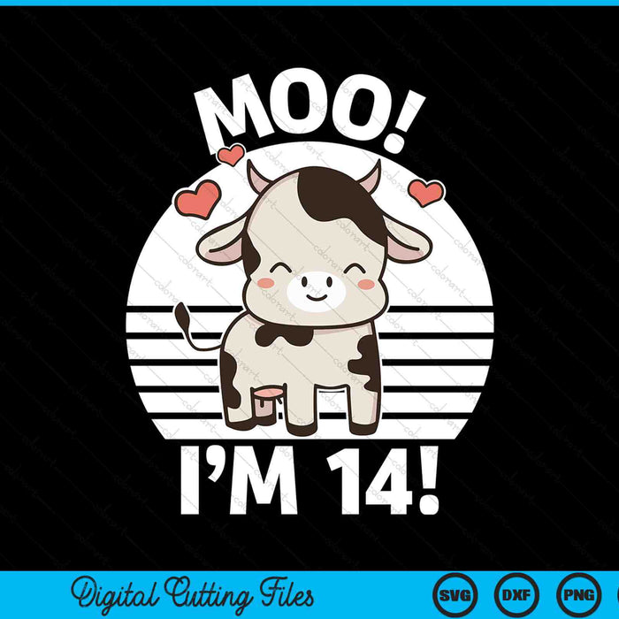 Kids Farm Outfit 14th Birthday Moo I'm 14! SVG PNG Digital Printable Files