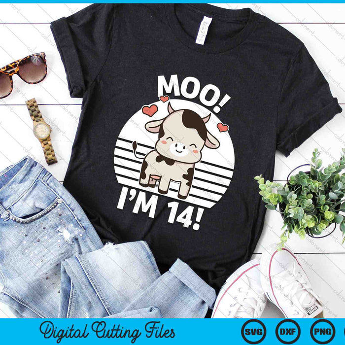 Kids Farm Outfit 14th Birthday Moo I'm 14! SVG PNG Digital Printable Files