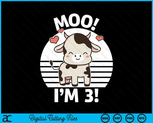 Kids Farm Outfit 3rd Birthday Moo I'm 3! SVG PNG Digital Printable Files
