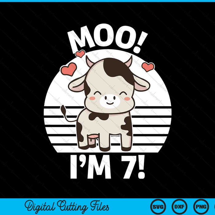 Kids Farm Outfit 7th Birthday Moo I'm 7! SVG PNG Digital Printable Files