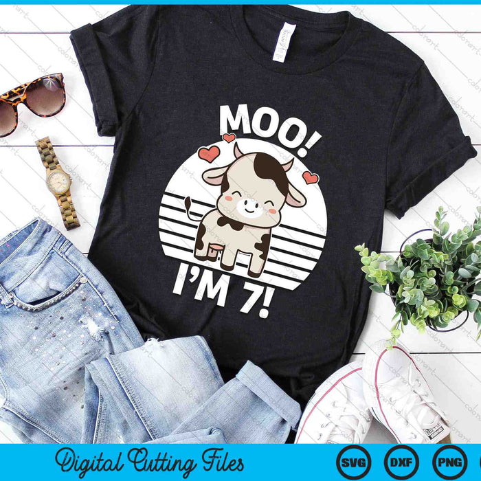 Kids Farm Outfit 7th Birthday Moo I'm 7! SVG PNG Digital Printable Files