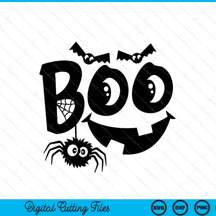 BOO with a jack o lantern face and a hanging spider, kids Halloween SVG