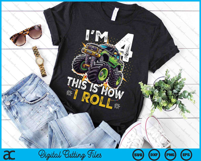 Kids I'm 4 This Is How I Roll Monster Truck 4th Birthday Boys SVG PNG Digital Printable Files