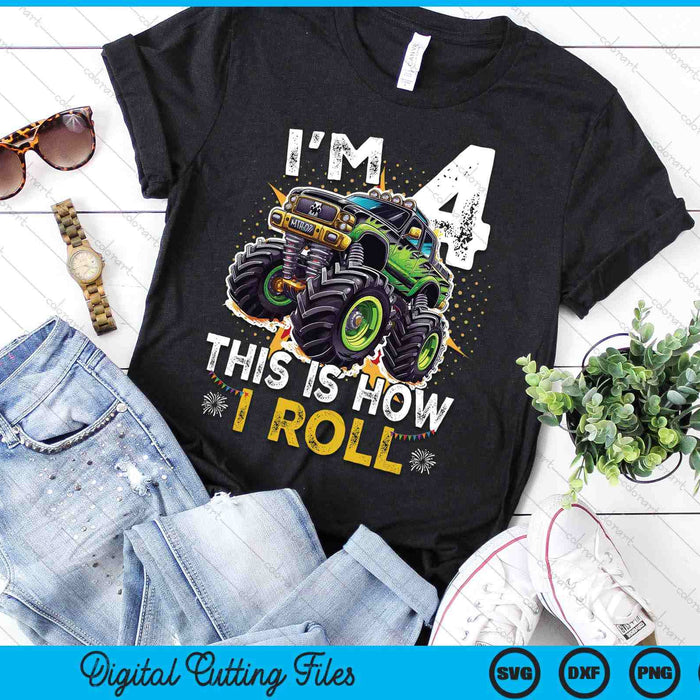 Kids I'm 4 This Is How I Roll Monster Truck 4th Birthday Boys SVG PNG Digital Printable Files