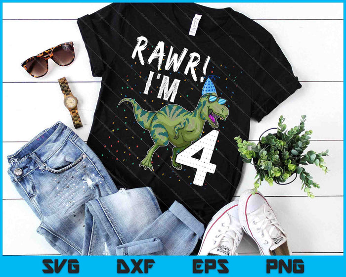 Kids Rawr ik ben 4 4e verjaardag T Rex dinosaurus partij cadeau voor jongens SVG PNG snijden afdrukbare bestanden