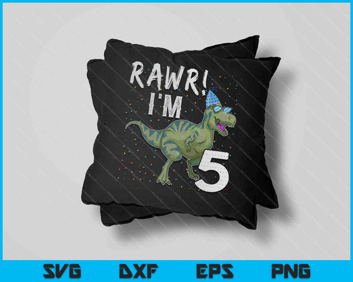Kids Rawr ik ben 5 5e verjaardag partij T Rex dinosaurus SVG PNG snijden afdrukbare bestanden