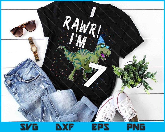 Kids Rawr ik ben 7 7e verjaardag partij T Rex dinosaurus SVG PNG snijden afdrukbare bestanden