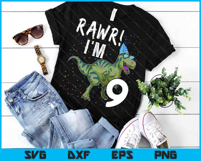 Niños Rawr Tengo 9 9a fiesta de cumpleaños T Rex Dinosaurio SVG PNG Cortando archivos imprimibles