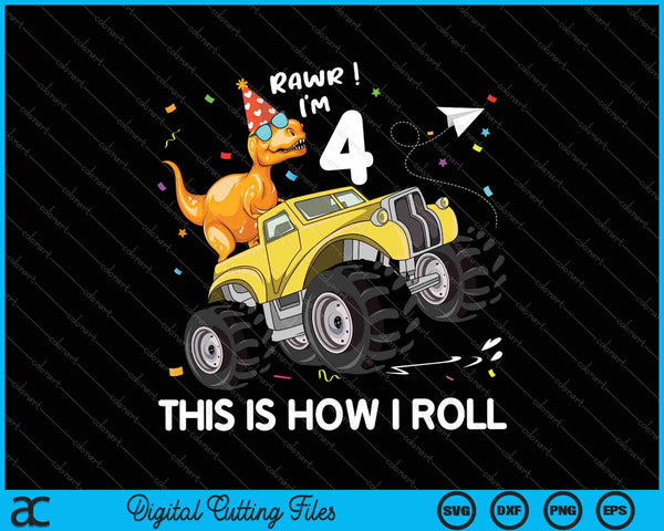 Niños T Rex Dinosaurio Monster Truck 4to cumpleaños SVG PNG Cortar archivos imprimibles
