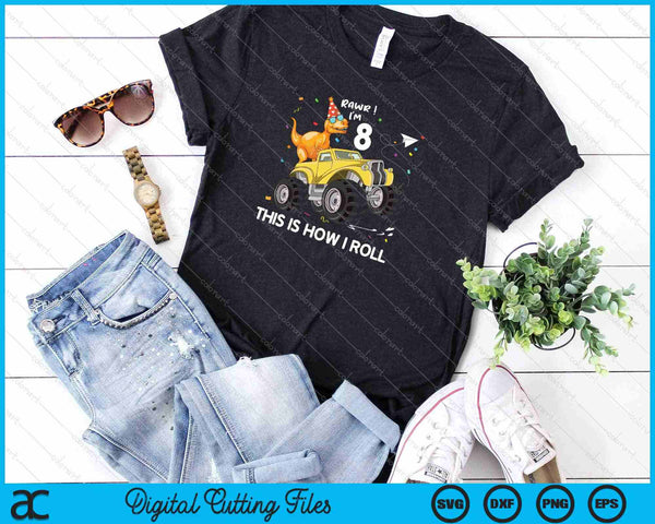 Kids T Rex Dinosaur Monster Truck 8th Birthday SVG PNG Cutting Printable Files - on a t-shirt