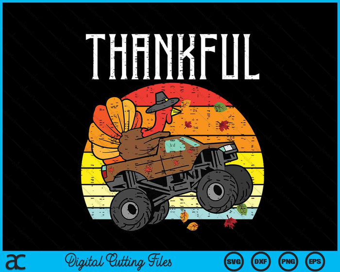 Kids Thankful Turkey Monster Truck Retro Thanksgiving Toddler Boy SVG PNG Digital Cutting File