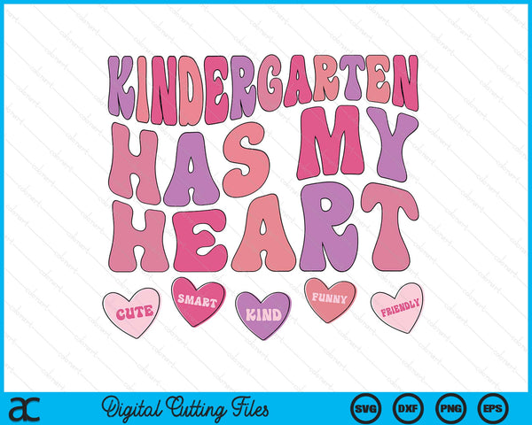 Kindergarten Has My Heart Groovy Valentines Day Teacher SVG PNG Digital Printable Files