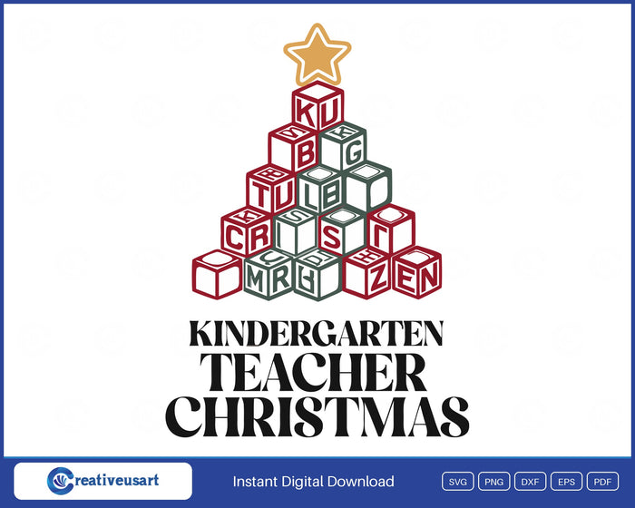 Kindergarten Teacher Christmas with alphabet blocks stacked into a tree SVG design on a white background