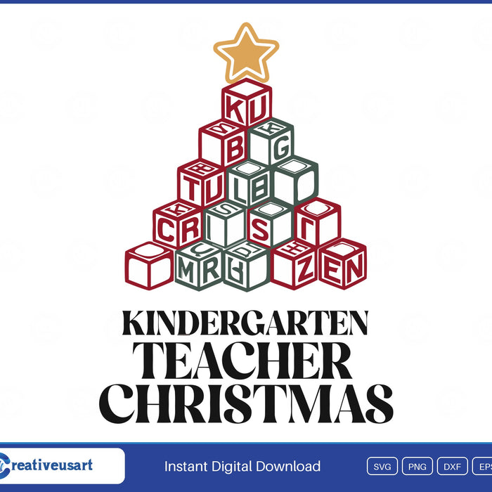 Kindergarten Teacher Christmas with alphabet blocks stacked into a tree SVG design on a white background